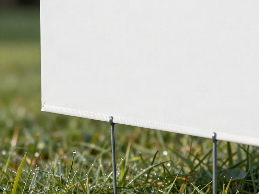 Close-up of a coroplast yard sign on its wire H-stake in grass