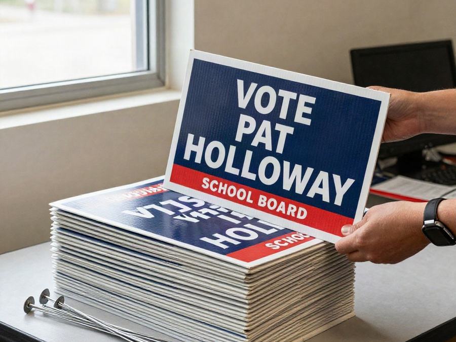 Stack of printed campaign yard signs for a school board race