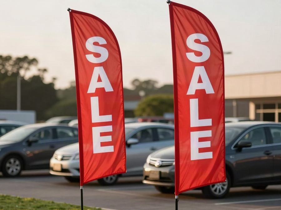Two red Sale feather flags in a parking lot