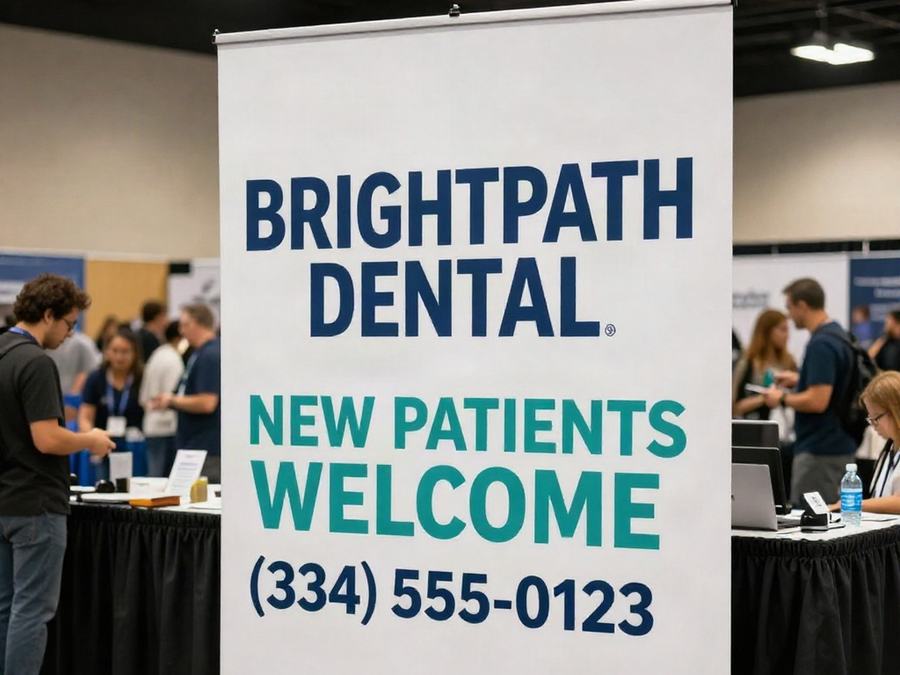 Retractable banner stand for a dental office at an event