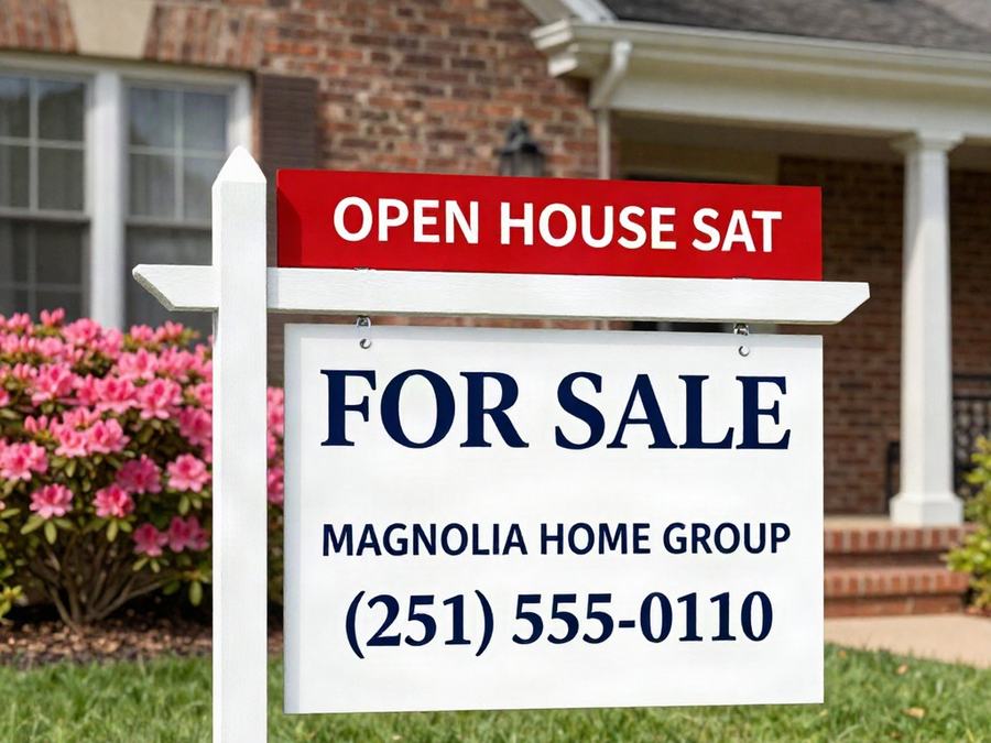 For sale real estate sign with an Open House rider in a front yard