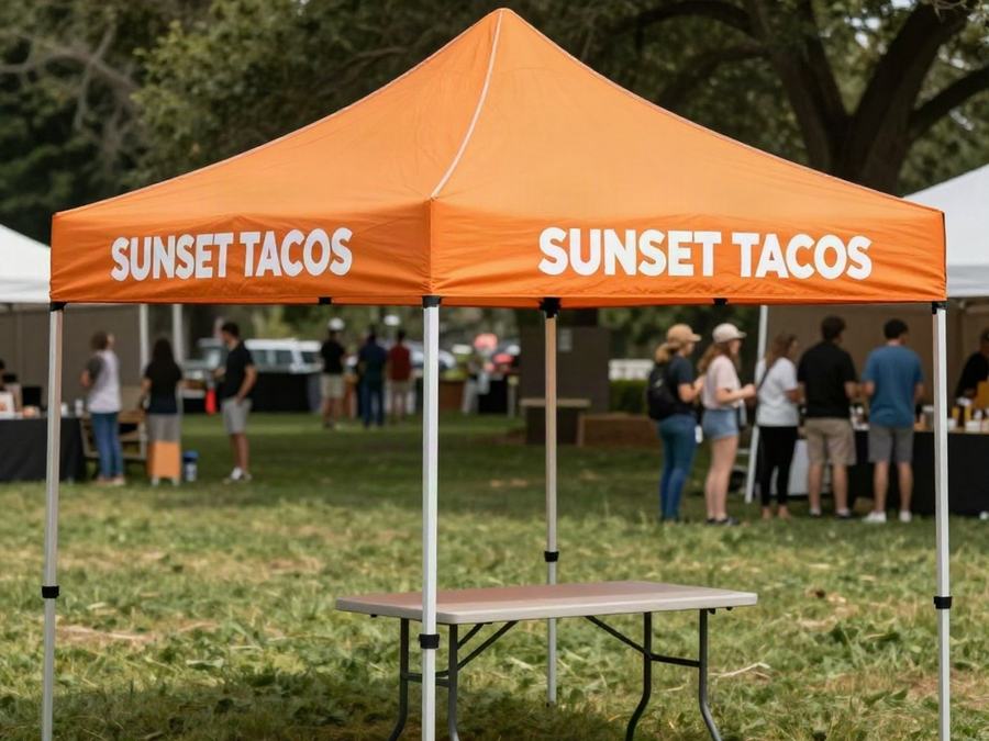 Orange custom 10×10 canopy tent with a printed valance at an outdoor event