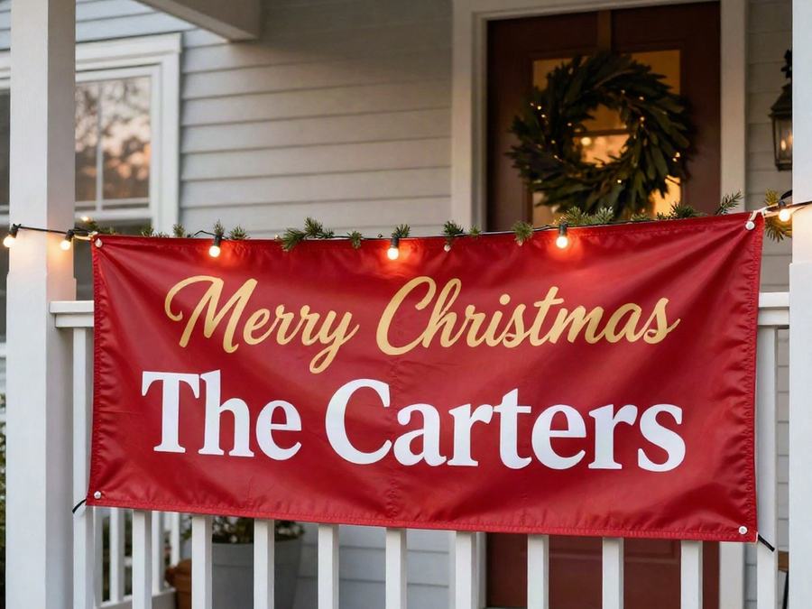 Red Merry Christmas family name banner on a porch rail