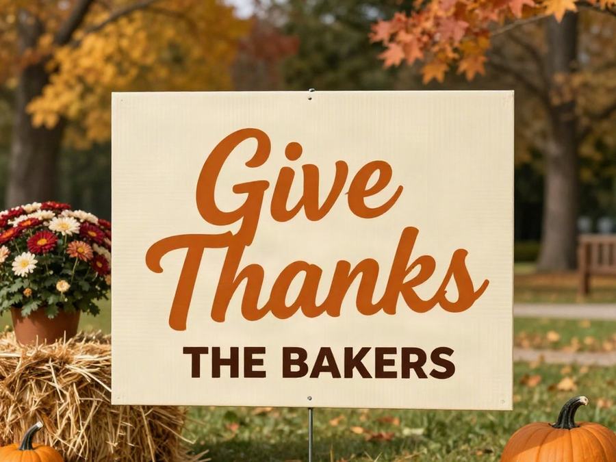 Give Thanks family name yard sign with fall pumpkins