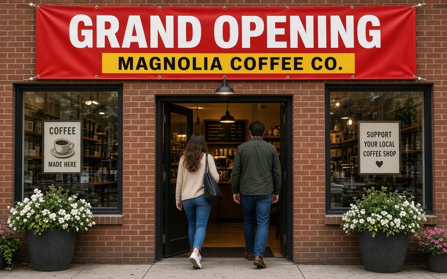 Grand opening banner over a coffee shop entrance