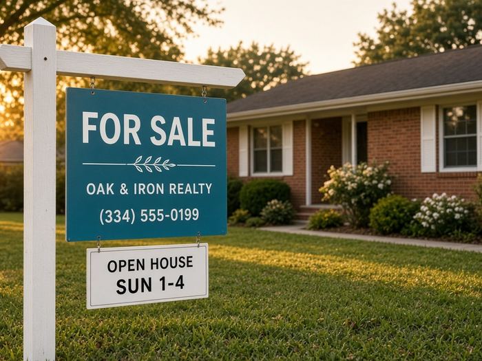 For sale real estate sign with open house rider